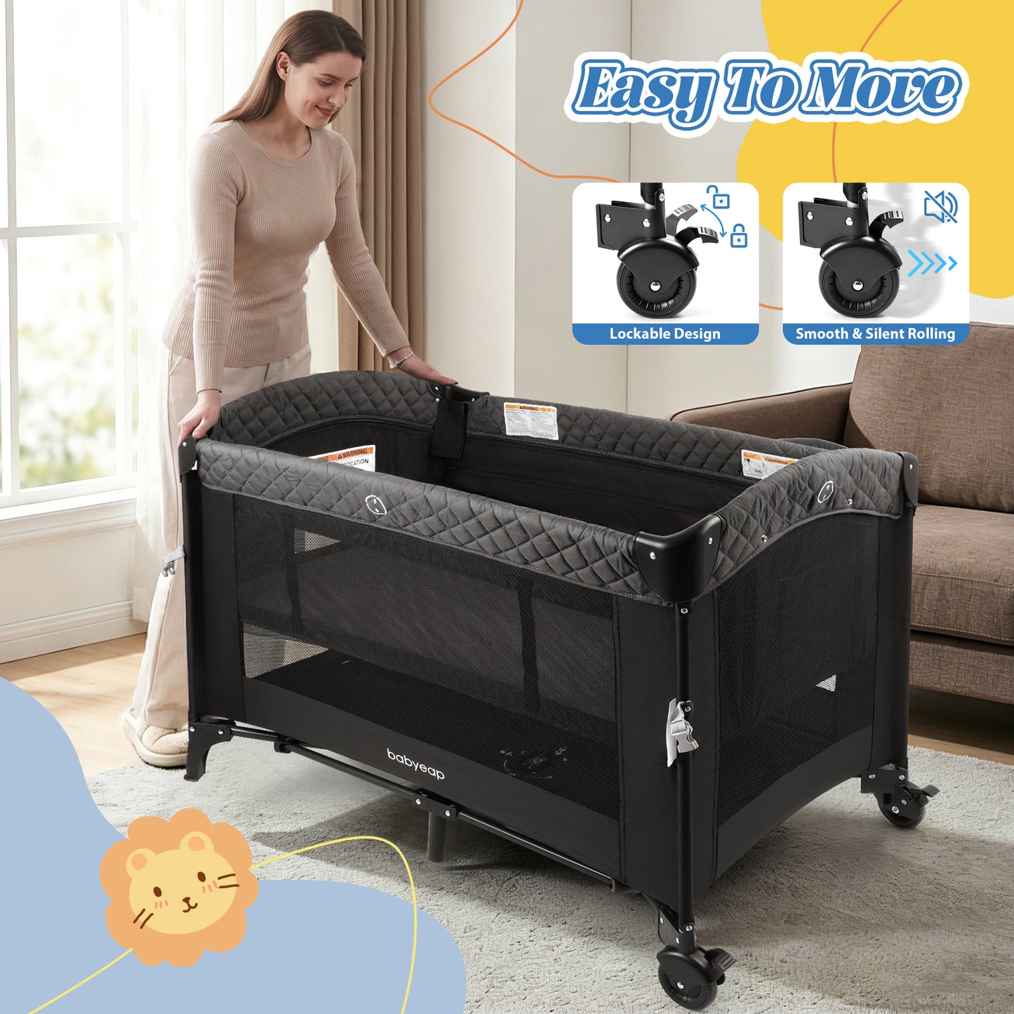 Babyeap 7-in-1 Baby Bassinet with Playard and Bedside Sleeper, Changing Table, Toy Bar, Extra Large Storage Bag, Travel Crib for Newborns and Infants, Black