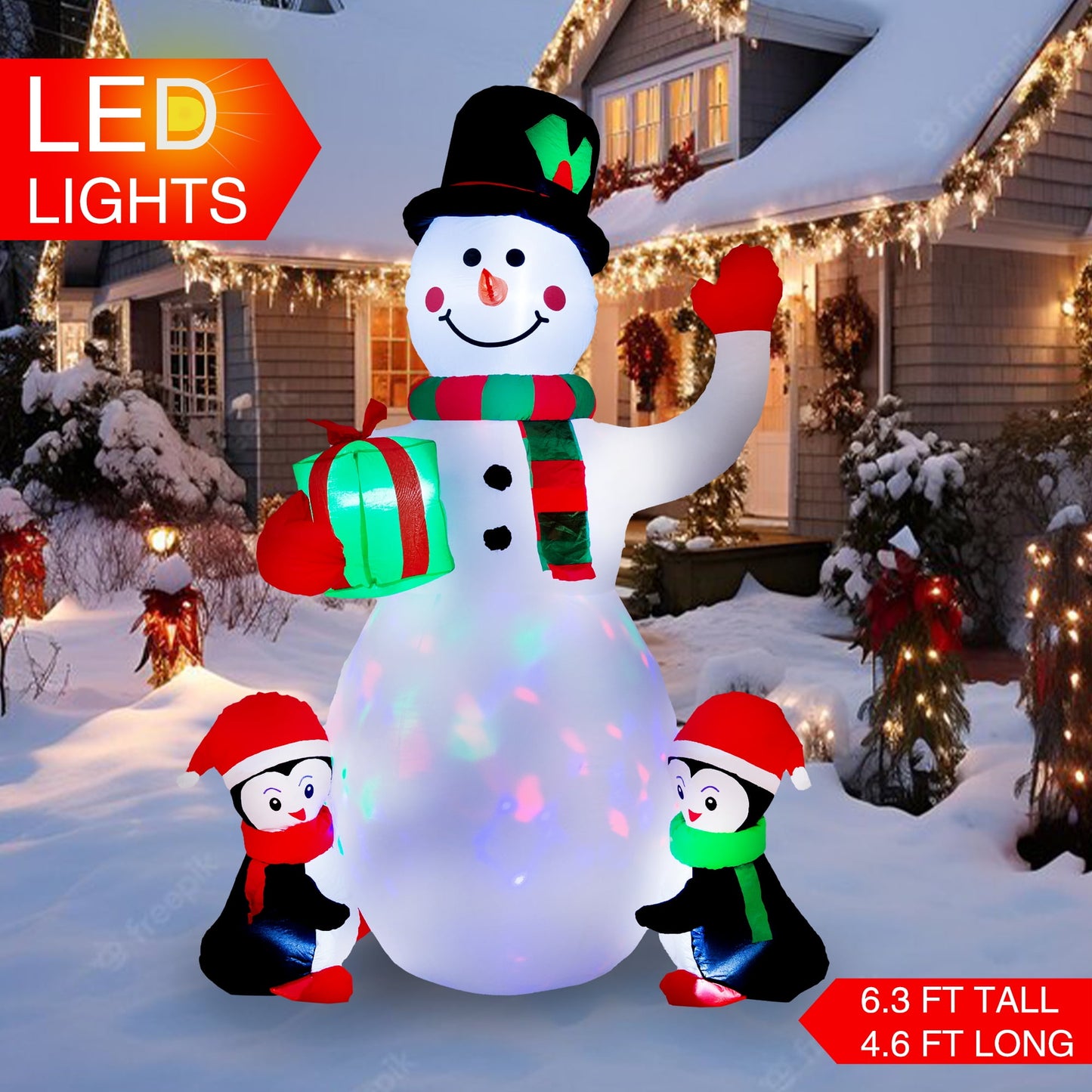 Yexmas 6.3FT Christmas Inflatable Snowman with Penguins Gift Box, Blowup Christmas Decoration with LED Lights for Holiday/Party/Xmas/Yard/Garden Decorations