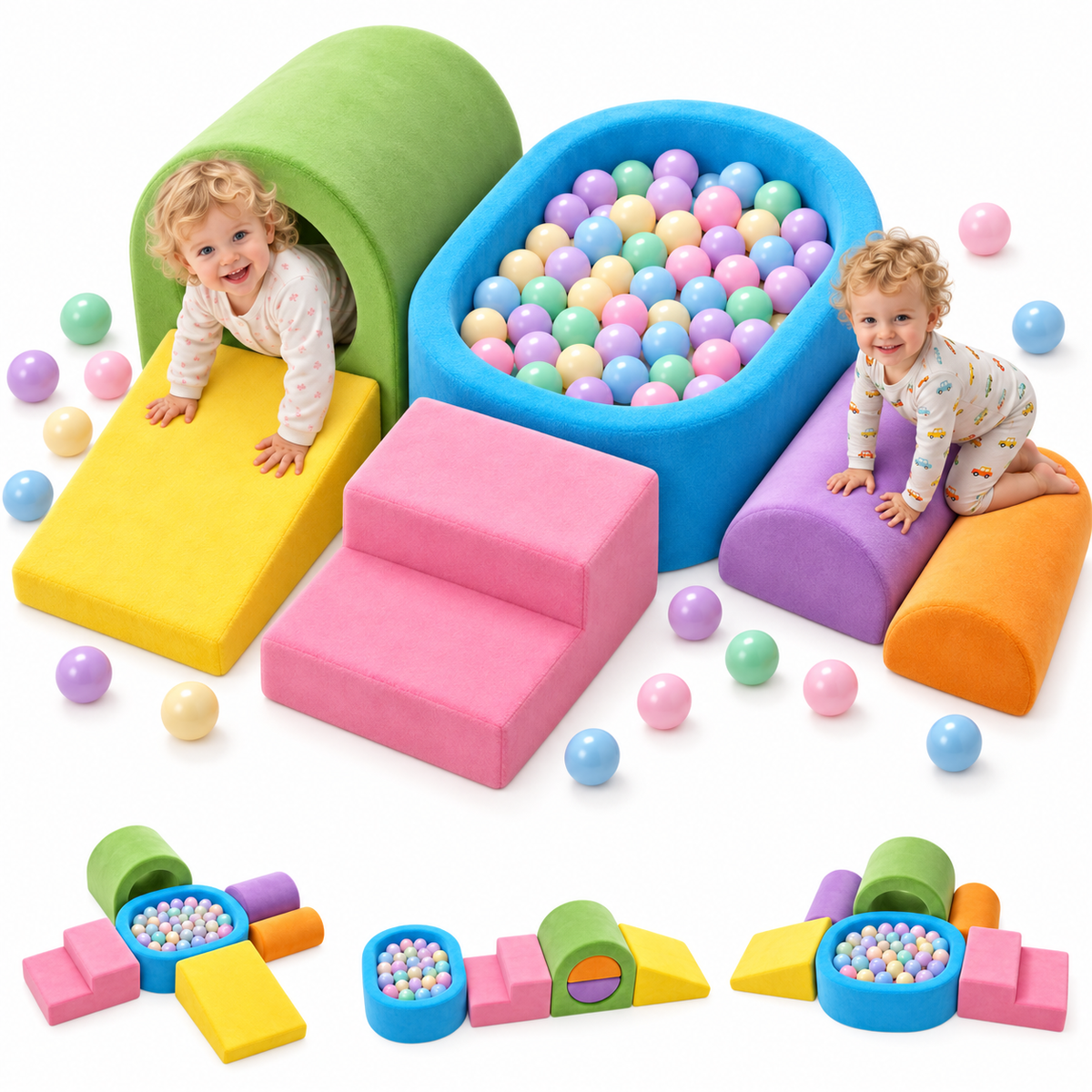 Yexmas 6-Piece Climbing Toys for Toddlers, Soft Foam Climbing Blocks with Ball Pit, Indoor Soft Play Set, Climb and Crawl Activity Play Gym Blocks for Boys Girls