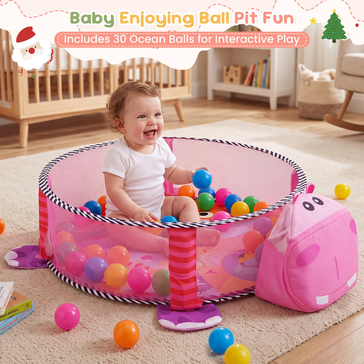 Babyeap Baby Play Gym Mat,Baby Play Activity Mat with 5 Detachable Toys and 30Ocean Ball,Newborn Infant Baby Essentials Gift,Pink
