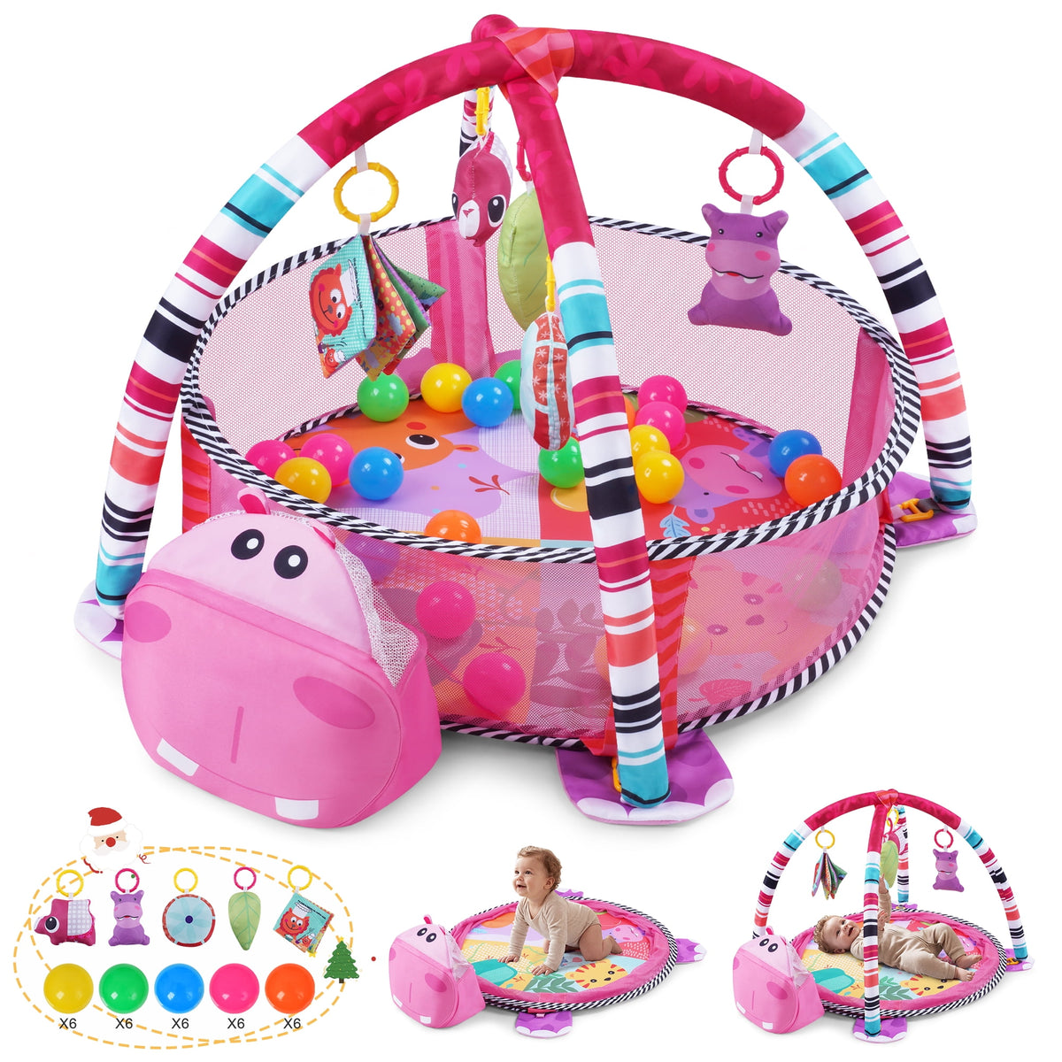 Babyeap Baby Play Gym Mat,Baby Play Activity Mat with 5 Detachable Toys and 30Ocean Ball,Newborn Infant Baby Essentials Gift,Pink