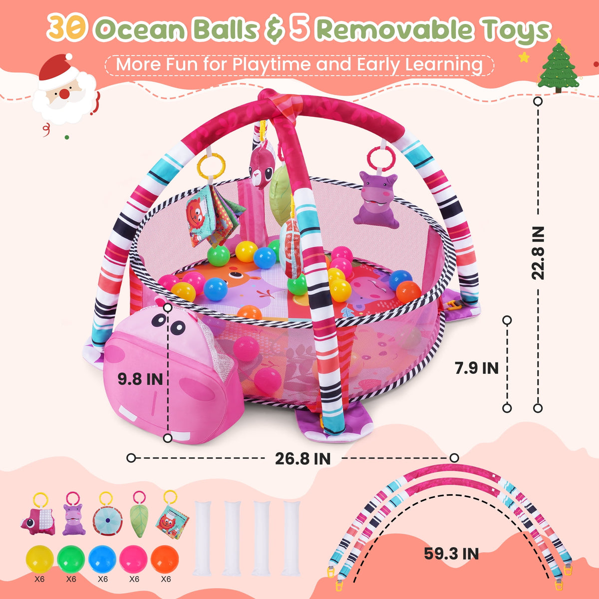 Babyeap Baby Play Gym Mat,Baby Play Activity Mat with 5 Detachable Toys and 30Ocean Ball,Newborn Infant Baby Essentials Gift,Pink