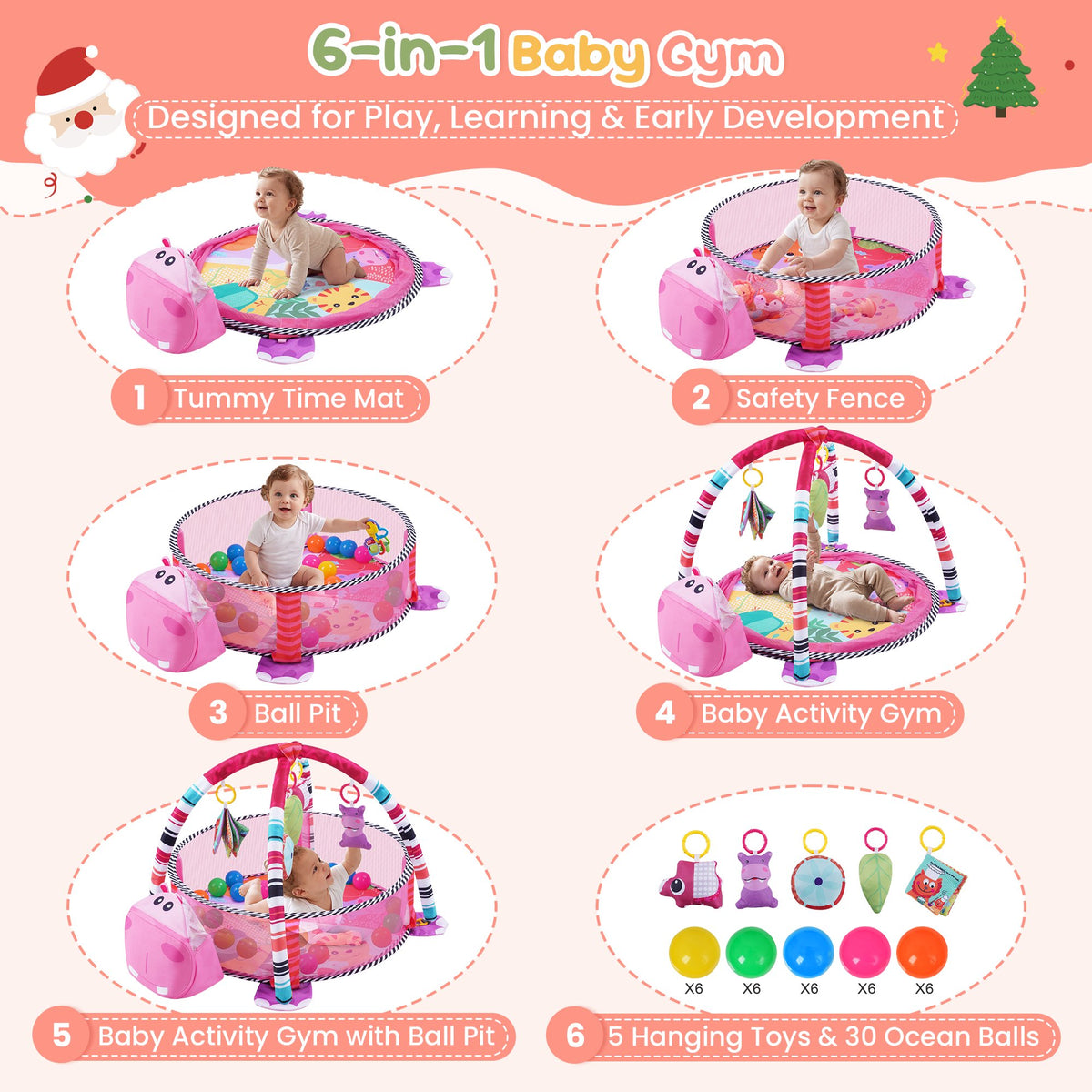 Babyeap Baby Play Gym Mat,Baby Play Activity Mat with 5 Detachable Toys and 30Ocean Ball,Newborn Infant Baby Essentials Gift,Pink