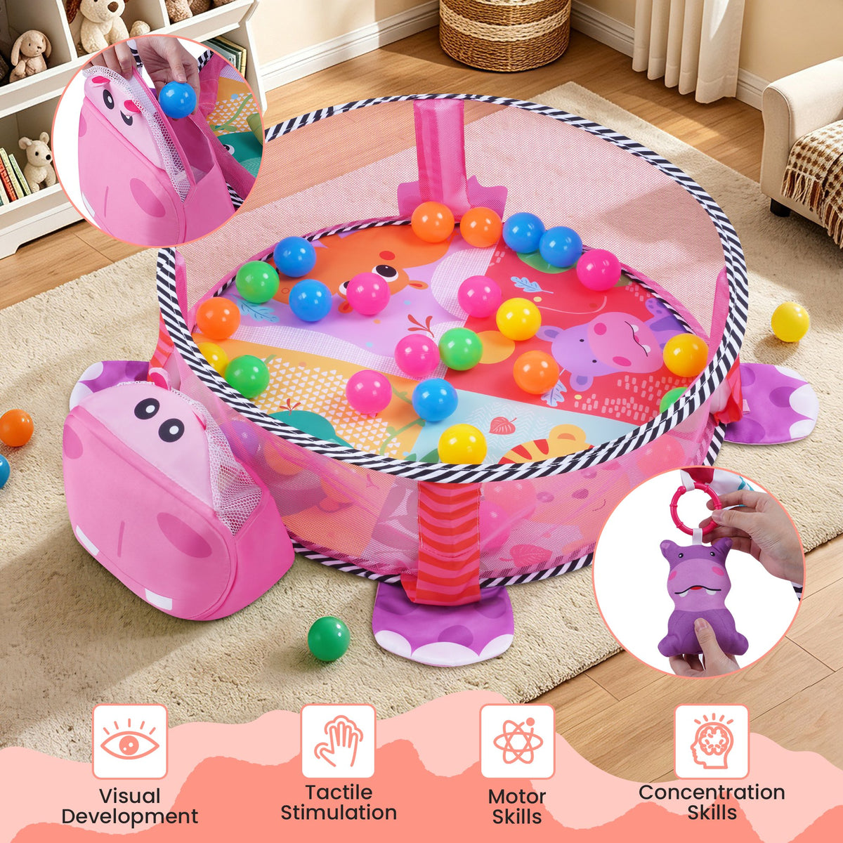 Babyeap Baby Play Gym Mat,Baby Play Activity Mat with 5 Detachable Toys and 30Ocean Ball,Newborn Infant Baby Essentials Gift,Pink