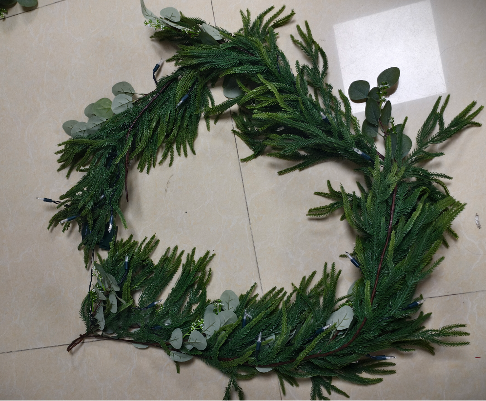 Yexmas 9ft Large Christmas Artificial Garland, Real Touch Wreath with Eucalyptus and Norfolk Pine Trellis, Christmas Decoration for Front Door Wall Window