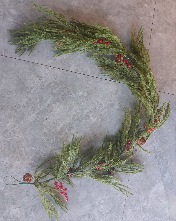 Yexmas 9ft Large Christmas Artificial Garland, Real Touch Wreath Norfolk Pine Trellis with Pinecones, Berry Clusters, Christmas Decoration for Front Door Wall Window
