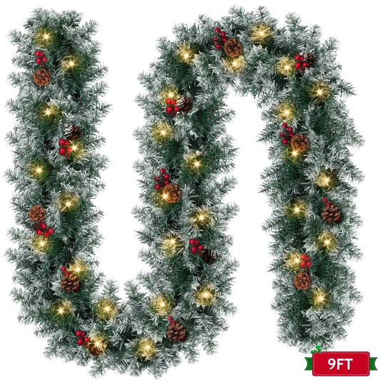 Yexmas 9ft Large Christmas Garland, Multi-Purpose Xmas Wreath with 60 LED Lights, Decorated with Pinecones, Berry Clusters, Battery Operated