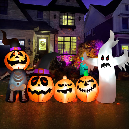 Yexmas Halloween Inflatables, 9 FT Long 4 Pumpkins with Cute White Ghost Outdoor Decorations, Built-in LEDs, Blow Up Party, Waterproof Yard, Garden, Lawn Decor