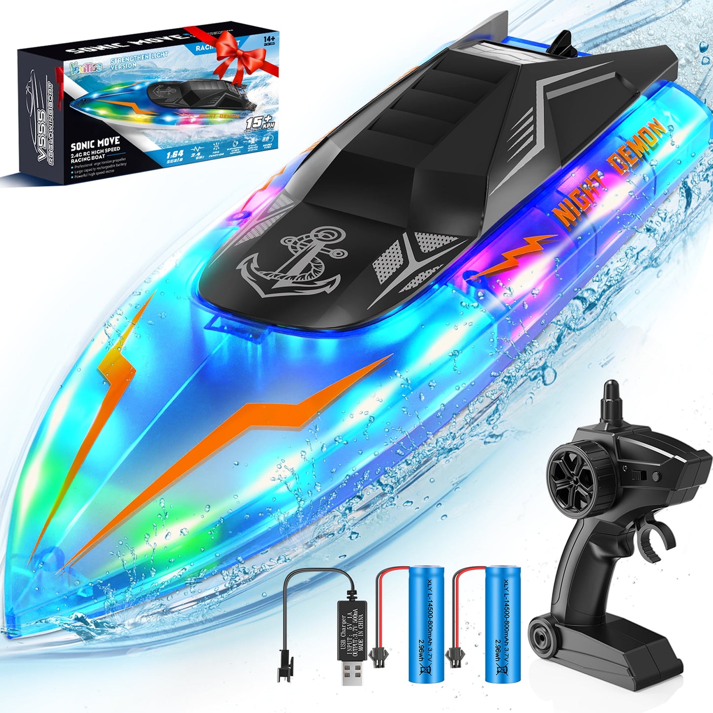 Yexmas RC Boat for Pools and Lakes, 2.4G 15+ MPH Fast Remote Control Boat with LED Lights, Racing Boats for Kids & Adults with 2 Rechargeable Battery,Gifts for Boys Girls (Blue)
