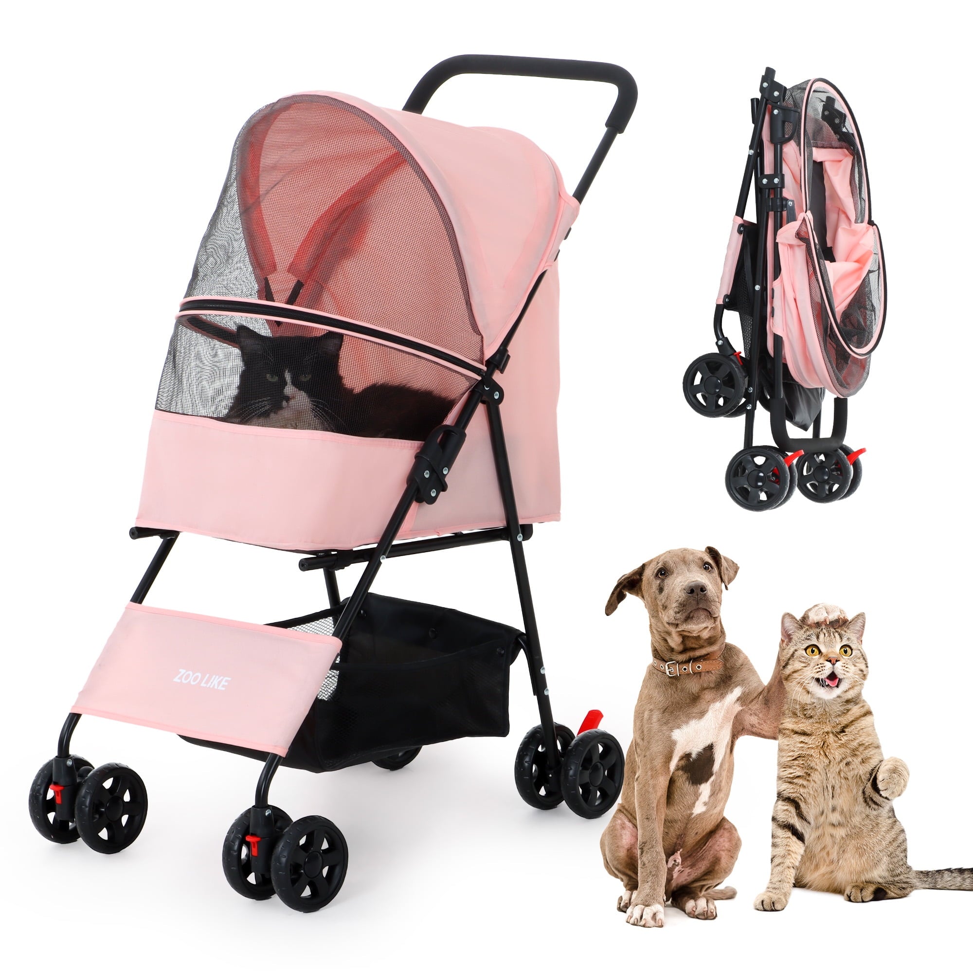 Zoolike Pet Stroller Cat Dog Cage Stroller Travel Folding Carrier，Foldable  Carrier Strolling Cart for Small Medium Dog, Cat W/ Storage Basket ,Safety 