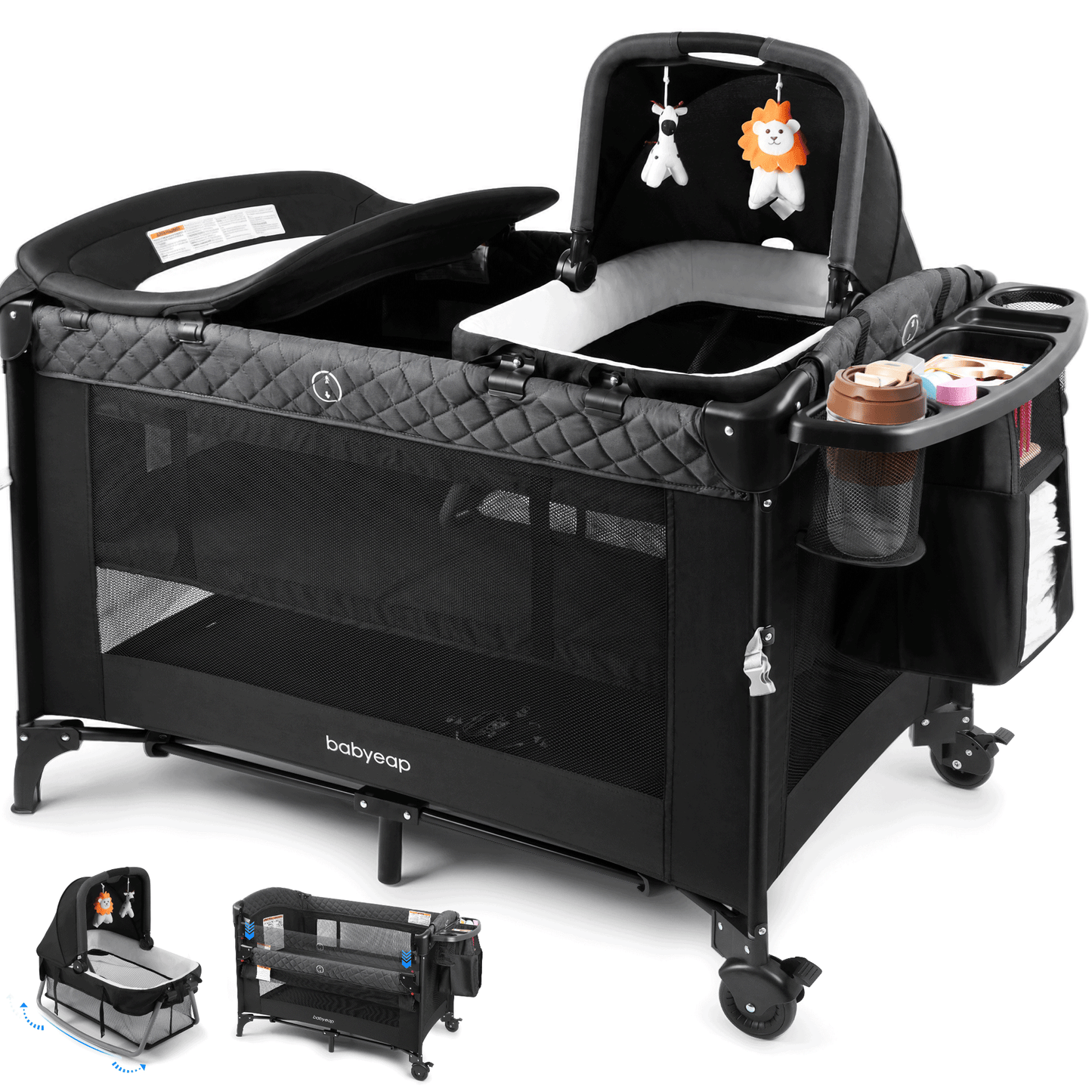 Babyeap 7-in-1 Baby Bassinet with Playard and Bedside Sleeper, Changing Table, Toy Bar, Extra Large Storage Bag, Travel Crib for Newborns and Infants, Black
