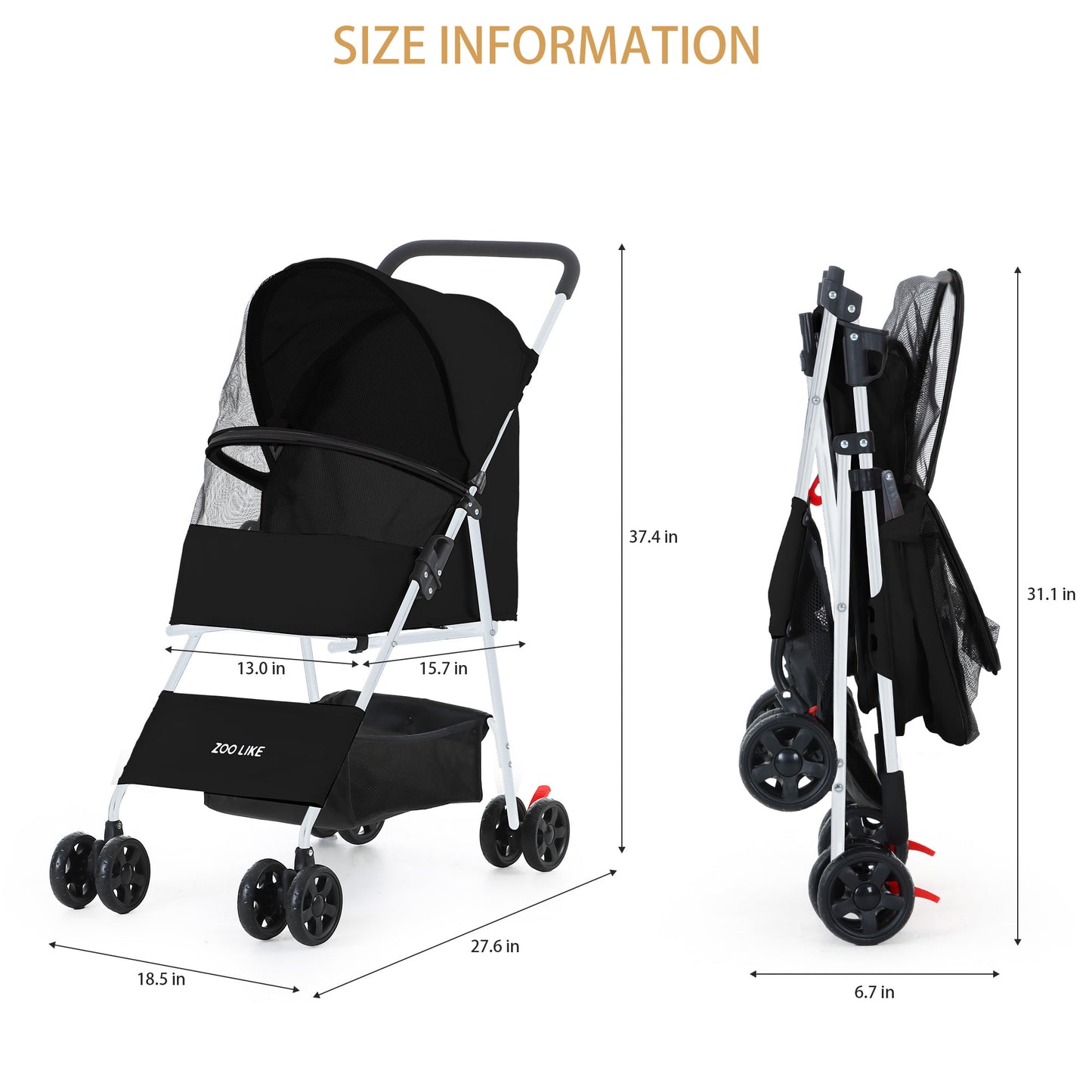 Zoolike Pet Stroller Cat Dog Cage Stroller Travel Folding Carrier，Foldable Carrier Strolling Cart for Small Medium Dog, Cat W/ Storage Basket ,Safety Tether