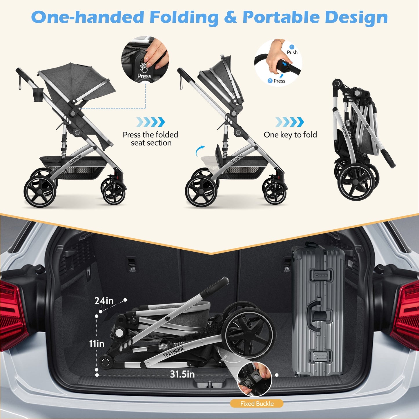 babyeap 2 in 1 Baby Stroller,Foldable Lightweight Carriage Reversible Bassinet Pram for Toddler,Travel Stroller with with Cup Holder、Storage Bag