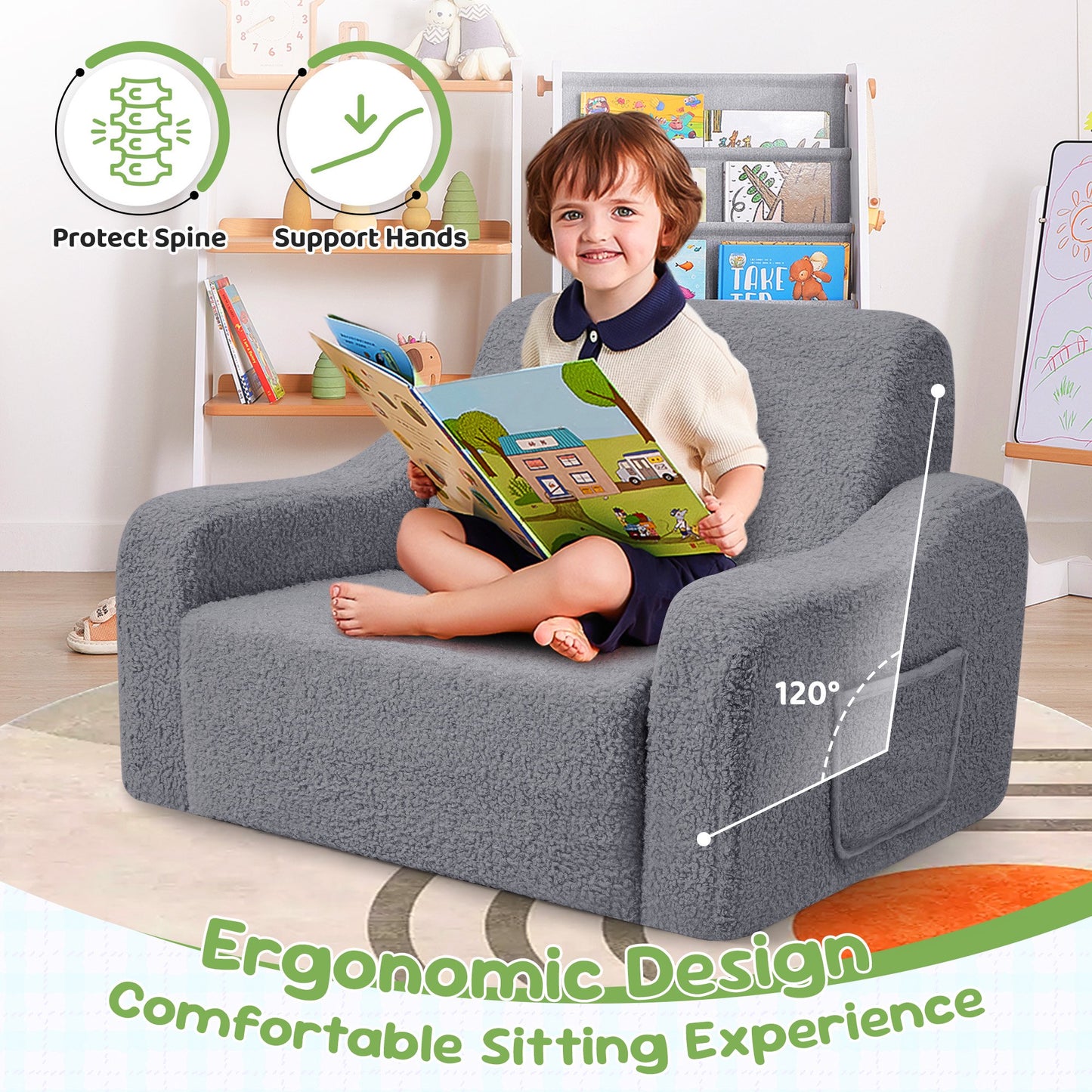 Babyeap 3-in-1 Kids Sofa,Toddler Sofa Bed Fold Out,Comfy Kids Couch,Convertible Baby Chair for Girls and Boys,Light Gray