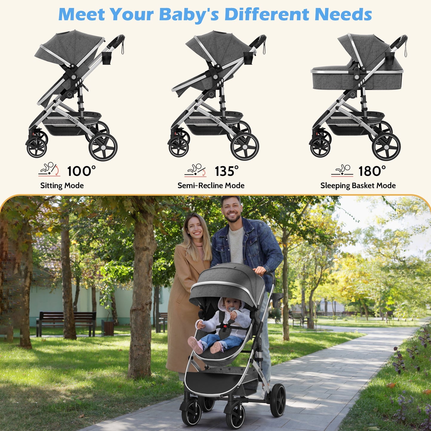 babyeap 2 in 1 Baby Stroller,Foldable Lightweight Carriage Reversible Bassinet Pram for Toddler,Travel Stroller with with Cup Holder、Storage Bag