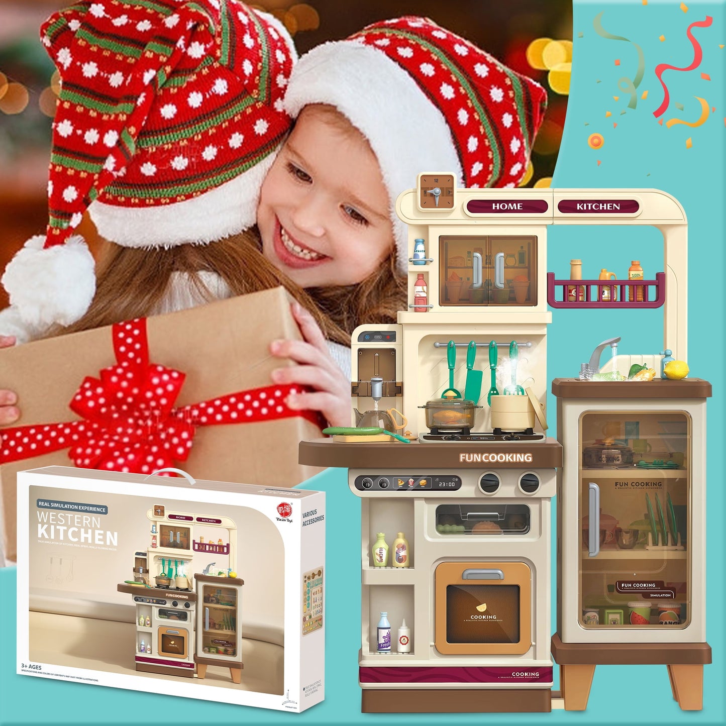 Lookfly 40.6 Inch Play Kitchen Set for Kids, Large Pretend Play Kitchen with Realistic Lights and Sounds, Simulation of Spray for Toddlers Girls Boys Gift, Brown