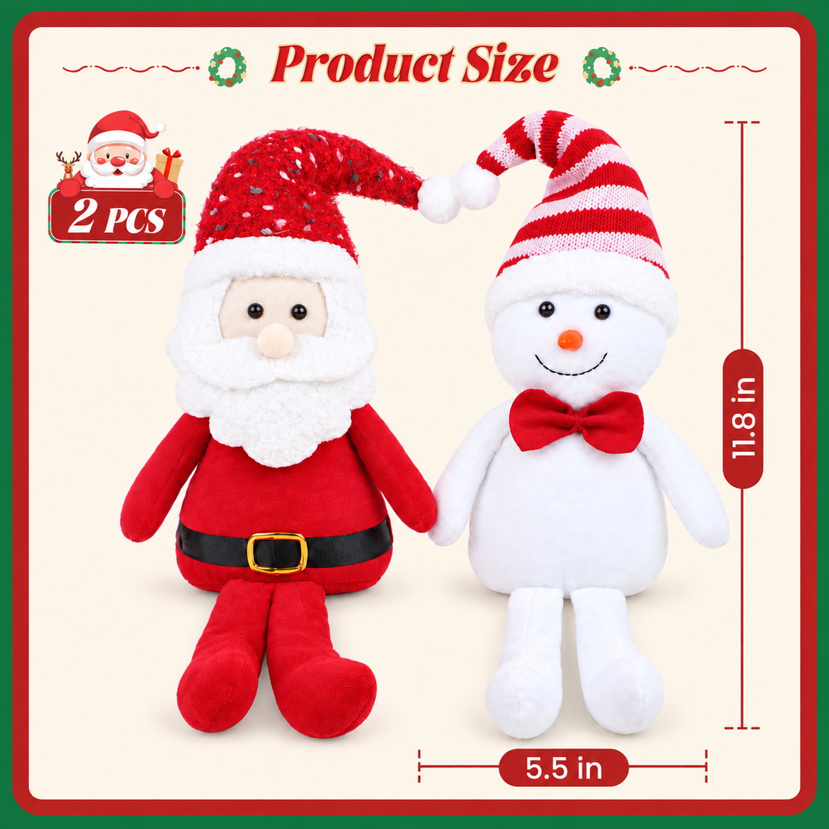 Yexmas 2pcs Plush Christmas Decorations with Snowman&Santa Claus, Handmade Soft Santa Doll, Stuffed Figurine Xmas Ornaments for Door Window Table Fireplace Party Holiday Decor