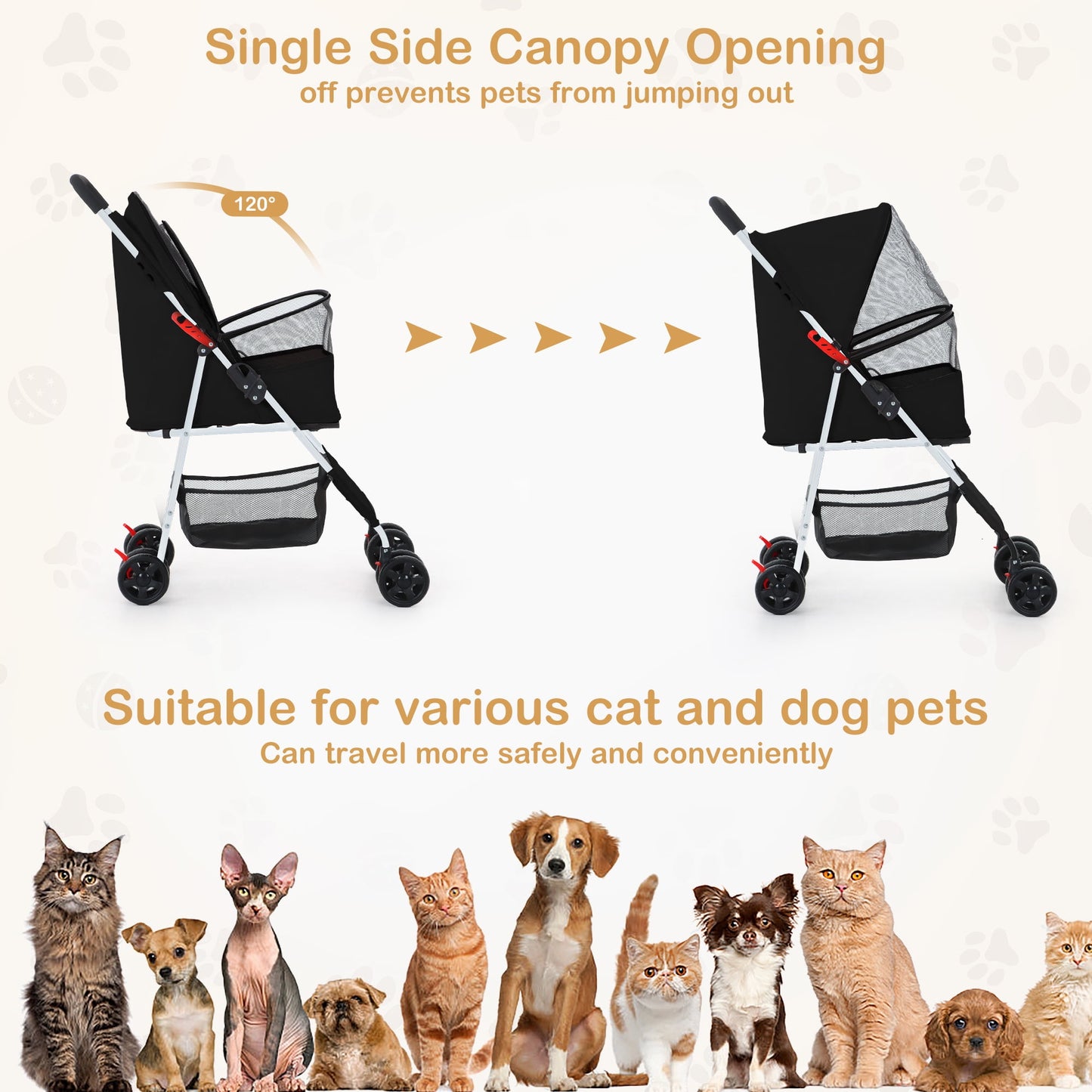 Zoolike Pet Stroller Cat Dog Cage Stroller Travel Folding Carrier，Foldable Carrier Strolling Cart for Small Medium Dog, Cat W/ Storage Basket ,Safety Tether