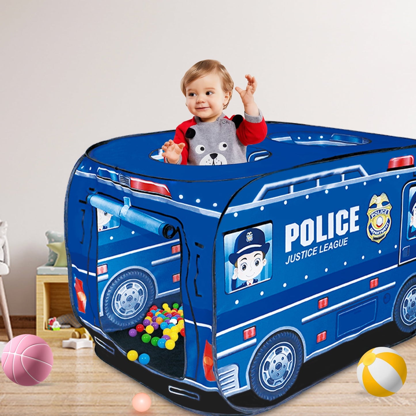 Yexmas Police car Pop Up Tent with Carrying Case, Playhouse Indoor and Outdoor Kids Play Tent for Boys and Girls Children 3+ Years Gift