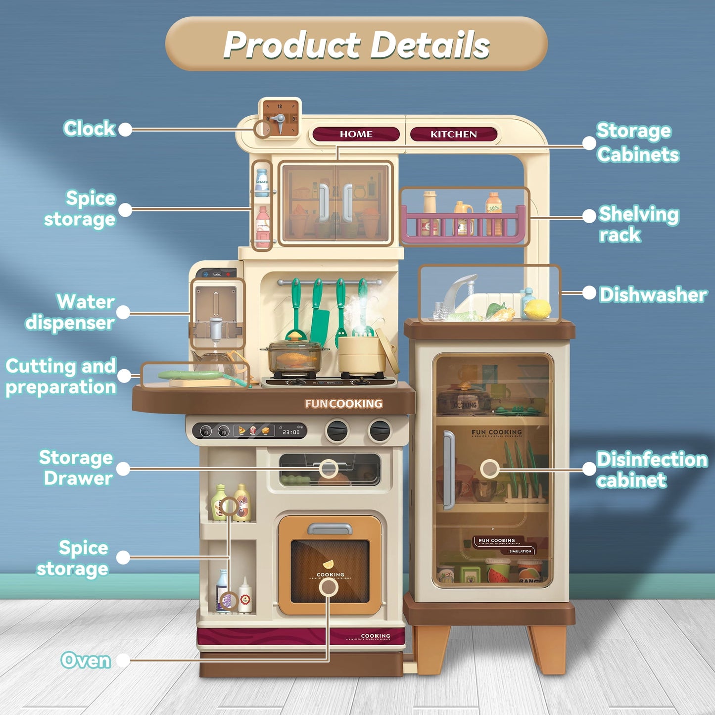 Lookfly 40.6 Inch Play Kitchen Set for Kids, Large Pretend Play Kitchen with Realistic Lights and Sounds, Simulation of Spray for Toddlers Girls Boys Gift, Brown