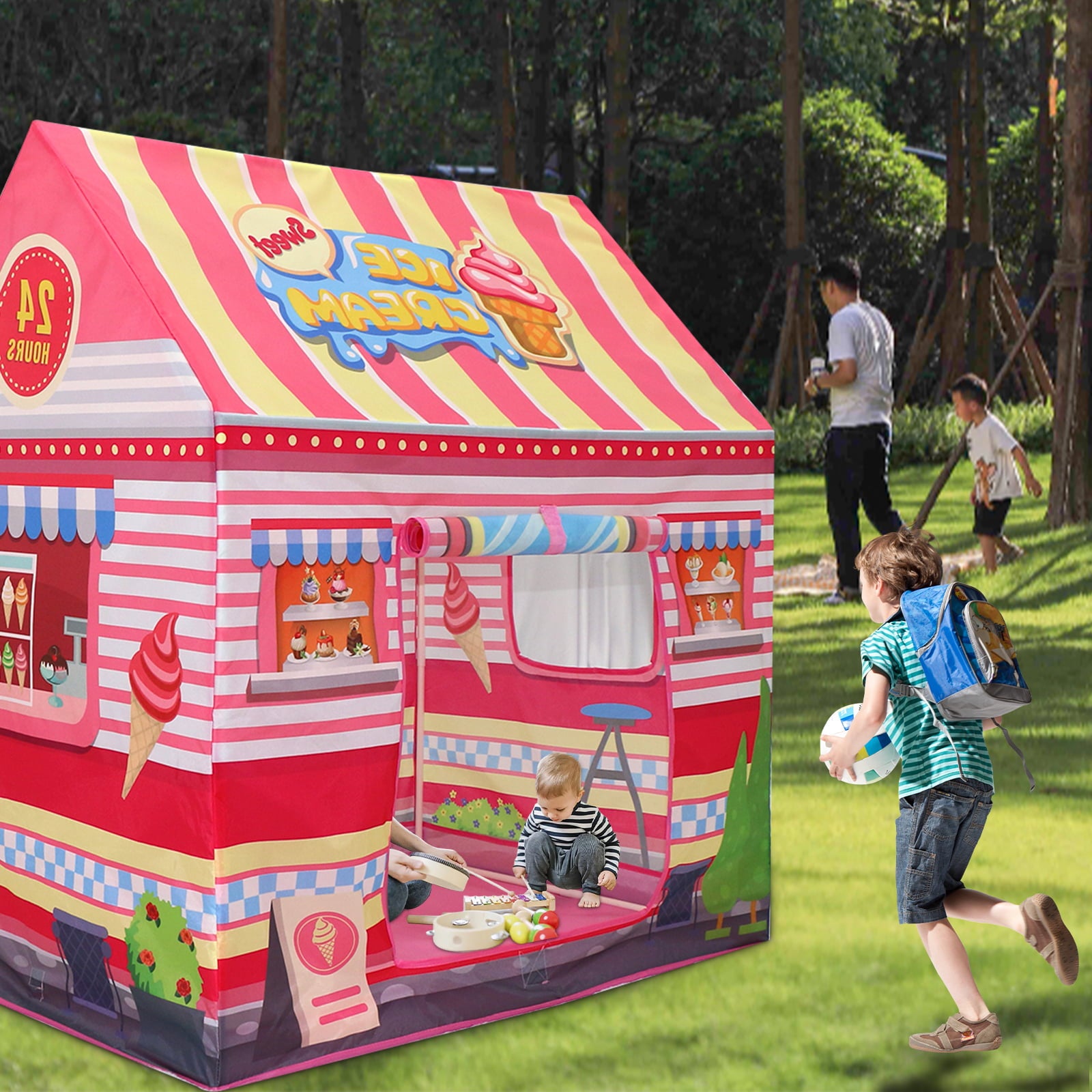 childrens tents Yexmas Kids Play Tents Ice Cream House Play Tent for Boys Girls Toys for Indoor and Outdoor Portable Games Children Playhouse with Roll-up Door and