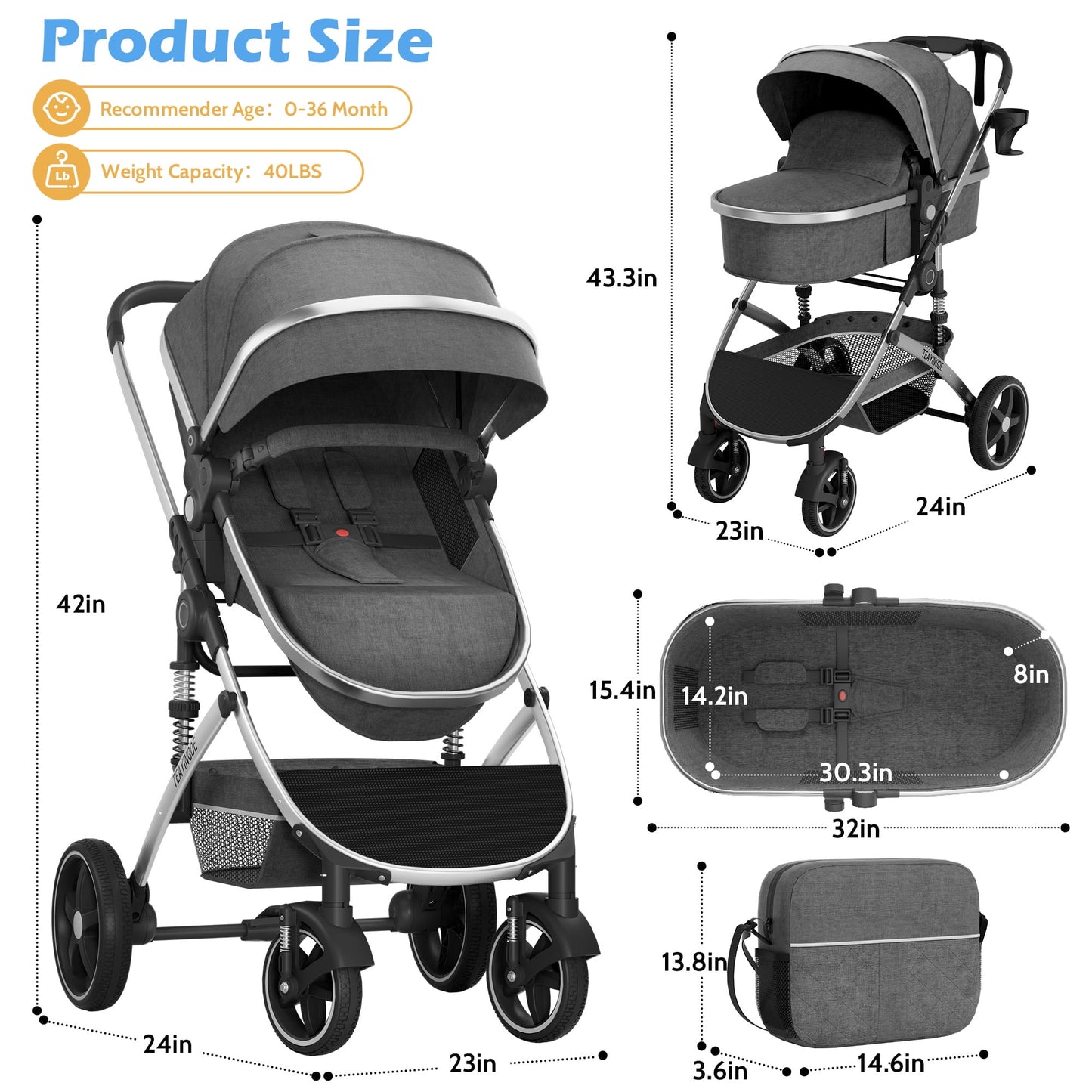 babyeap 2 in 1 Baby Stroller,Foldable Lightweight Carriage Reversible Bassinet Pram for Toddler,Travel Stroller with with Cup Holder、Storage Bag