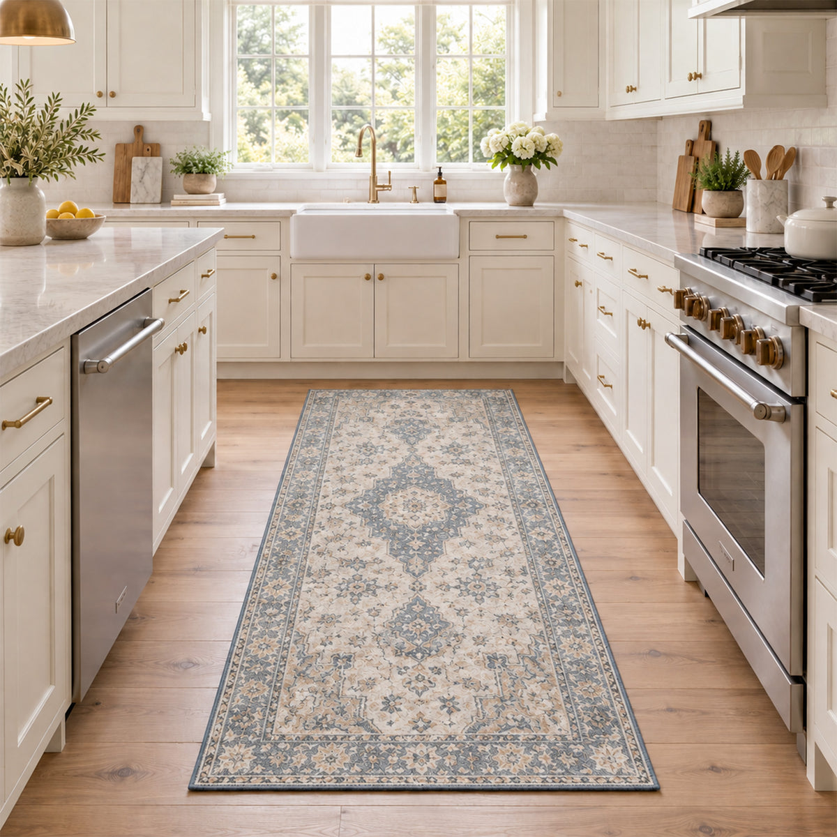 CozyDesg Vintage Runner Rug, Beige and Gray Distressed Medallion Indoor Rug for Kitchen, Hallway and Entryway