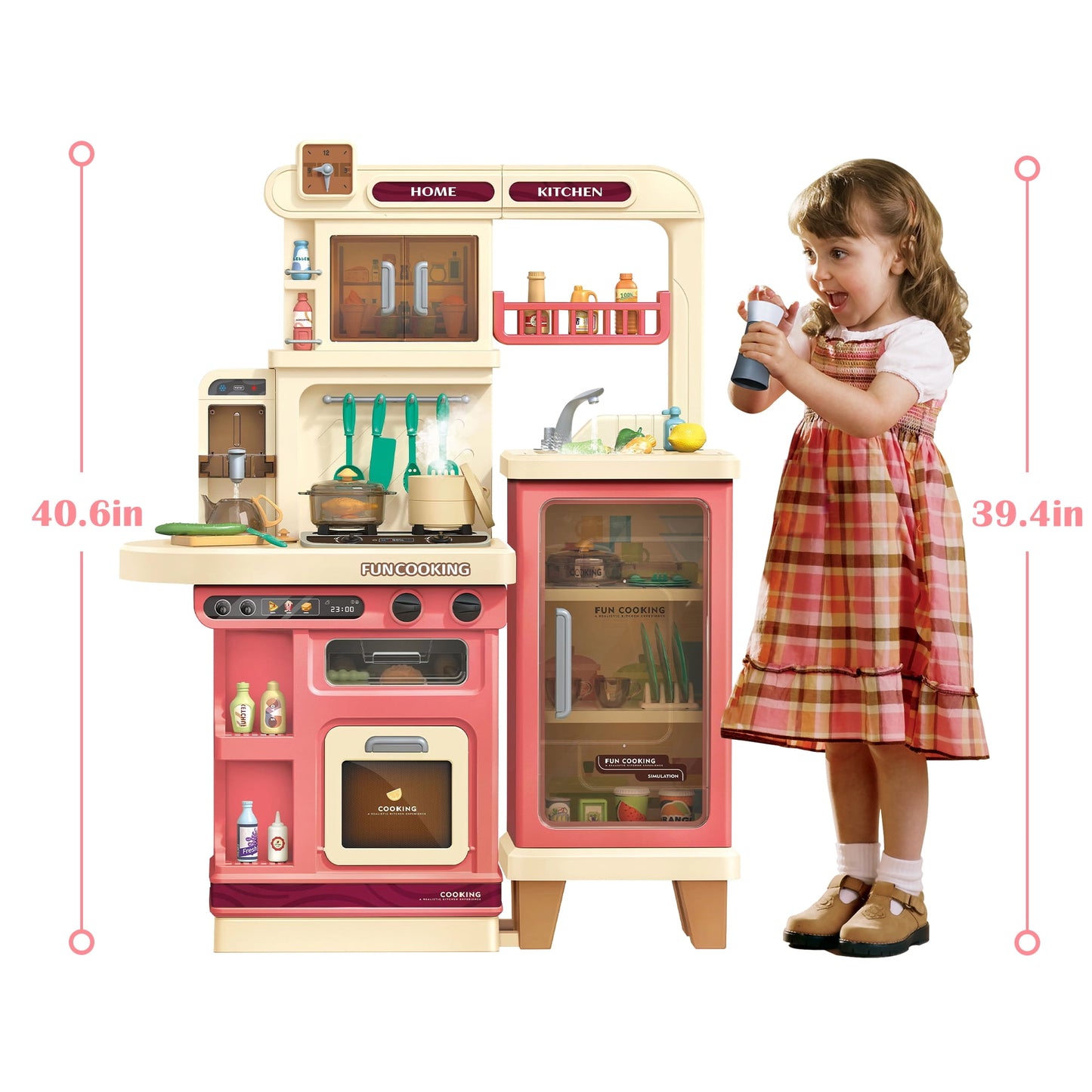 Lookfly 40.6 Inch Play Kitchen Set for Kids, Large Pretend Play Kitchen with Realistic Lights and Sounds, Simulation of Spray for Toddlers Girls Boys Gift ,Pink
