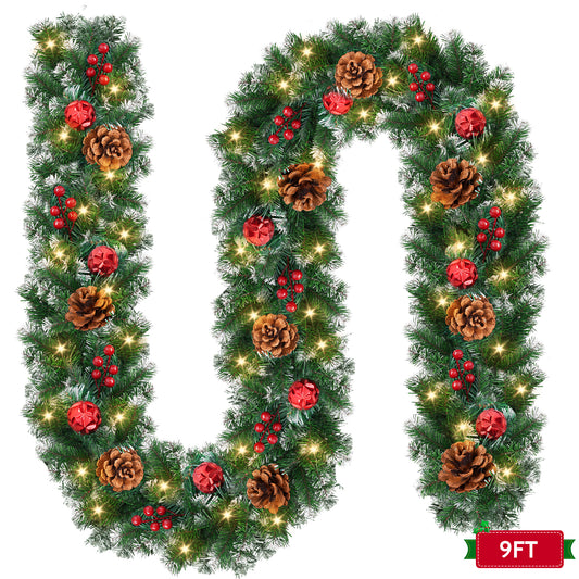 Yexmas 9ft Large Christmas Garland, Multi-Purpose Xmas Wreath with 45 LED Lights, Decorated with Pinecones, Berry Clusters, Battery Operated