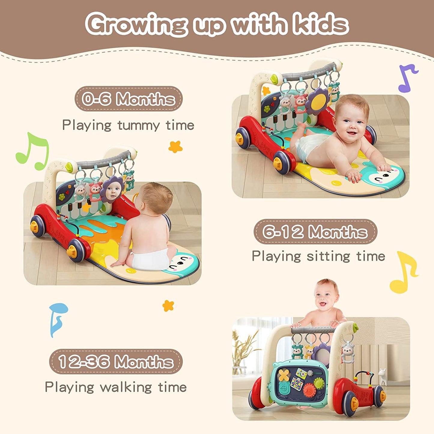 TEAYINGDE 3 in 1 Baby Play Mat Gym Walker Play Piano Tummy Time Baby Activity