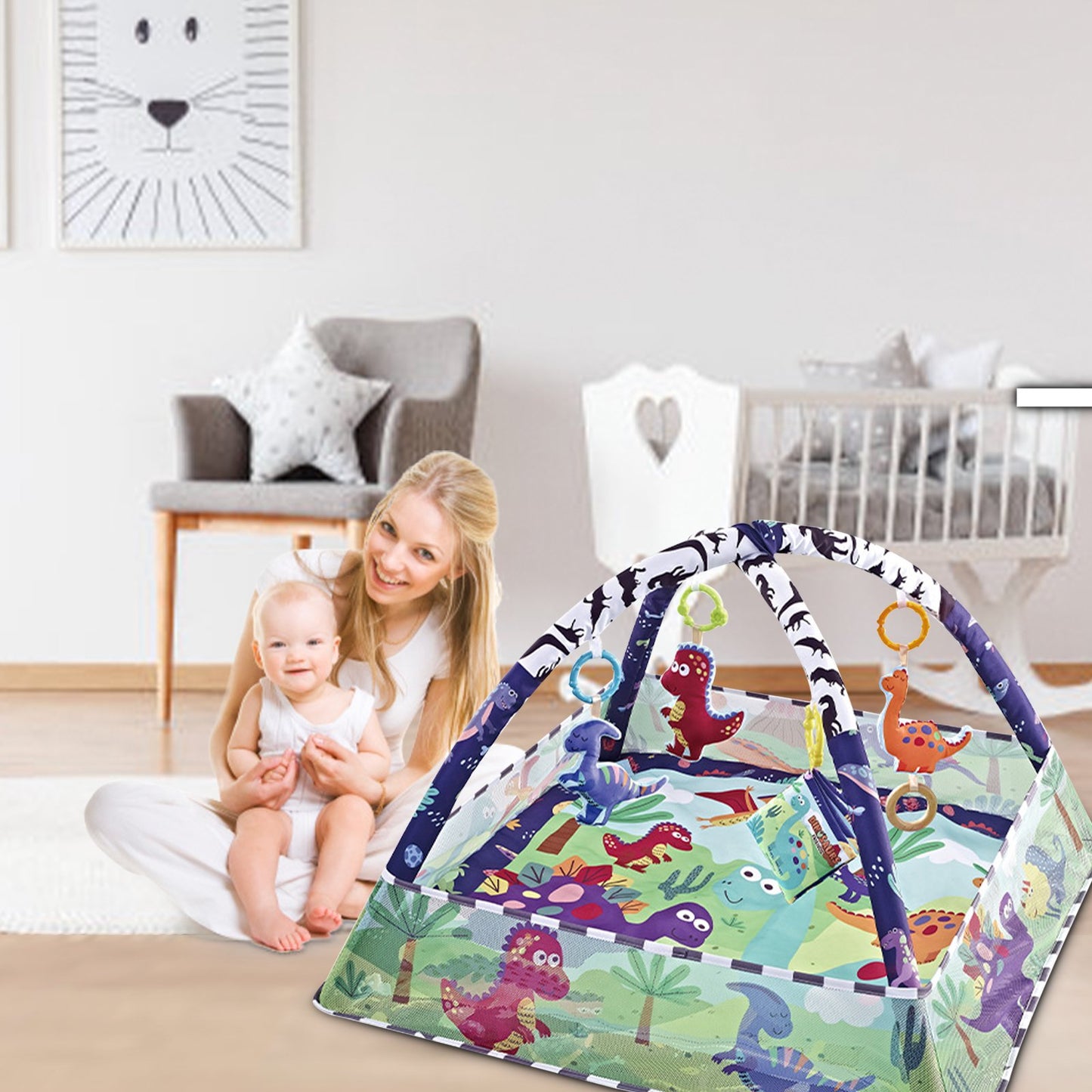 TEAYINGDE Baby Plays Mat Gym Activity Play Mat with 4 Hanging Removable Toys Newborn Infant Baby Toddlers Floor Crawling Mat Play Gym for Kids Boys & Girls(No Ball)